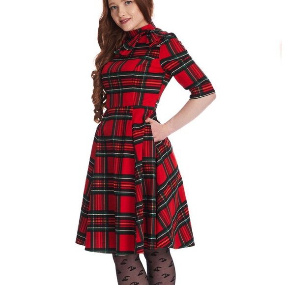 Banned Retro Bow Neck Holiday Plaid Dress - Picture 1 of 14